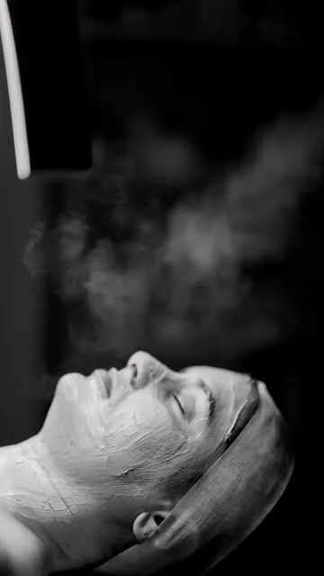 Black-and-white photo of a client relaxing under facial steam